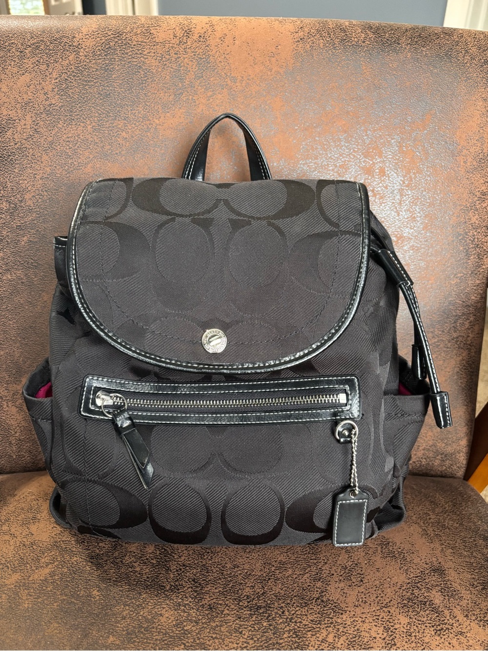 Coach Black Signature Jacquard Drawstring Backpack with Gloss Trim